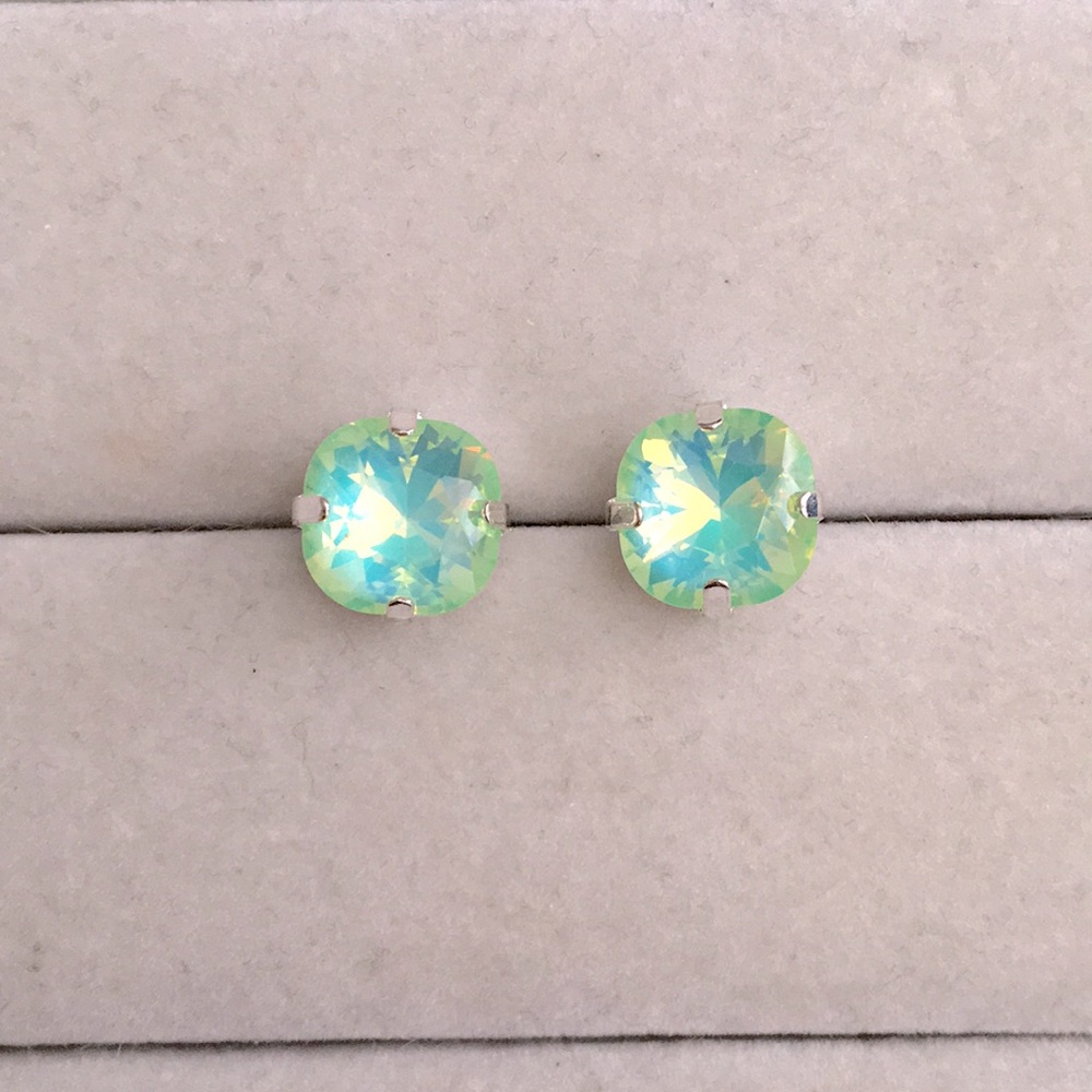 Pacific Opal Aurora Borealis + Silver Cushion Cut Crystal Earrings - Picture 3 of 6